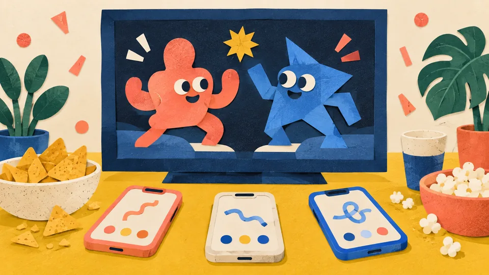 Paper-cut illustration of phones and two playful characters on a television