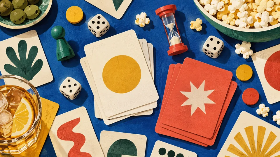 Paper-cut illustration of cards, dice, and game pieces on a blue table